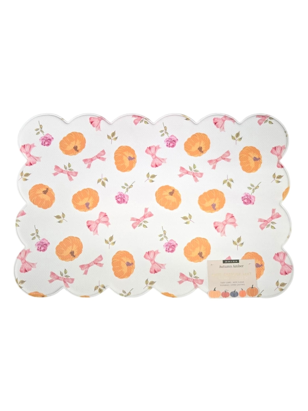 New Pumpkins With Pink Coquette Bows Scalloped Edge Foam Cushion Mat, Fall Decor